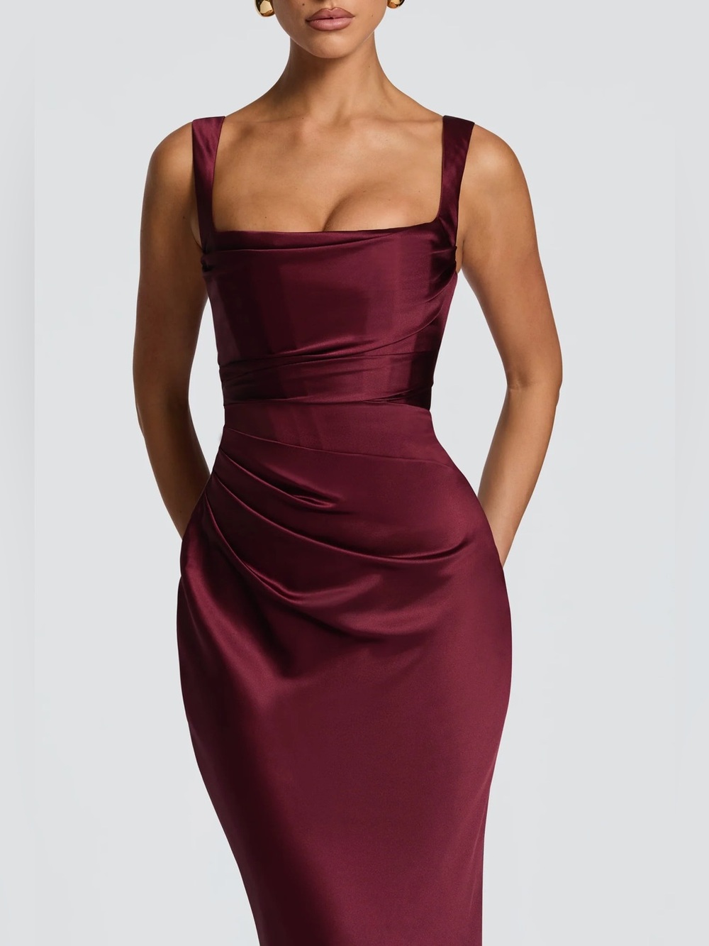 Satin Square-Neck Midi Dress in Deep Wine